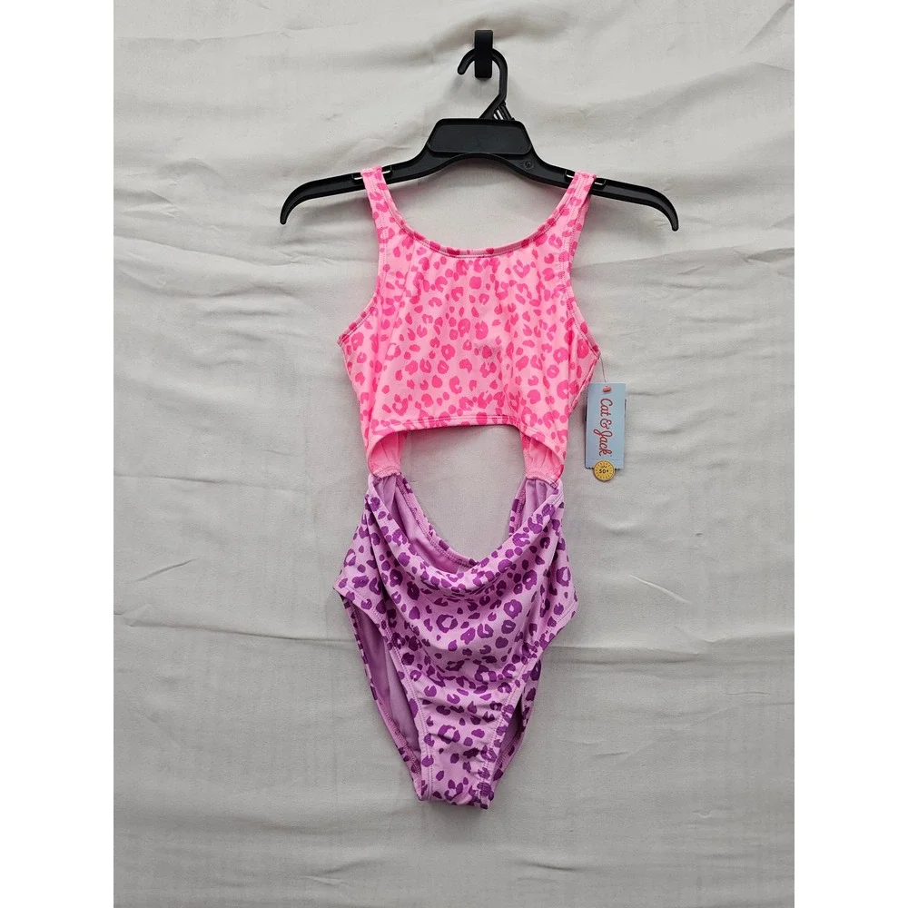 Cat & Jack Girls Cheetah Print 2-Piece Swimsuit Pink Poly Blend Size XL